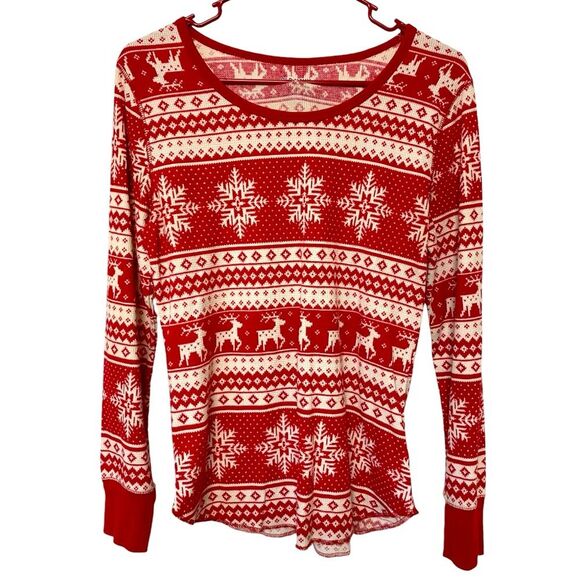 Old Navy Reindeer Snowflake Red White Henley Size M - Picture 1 of 4